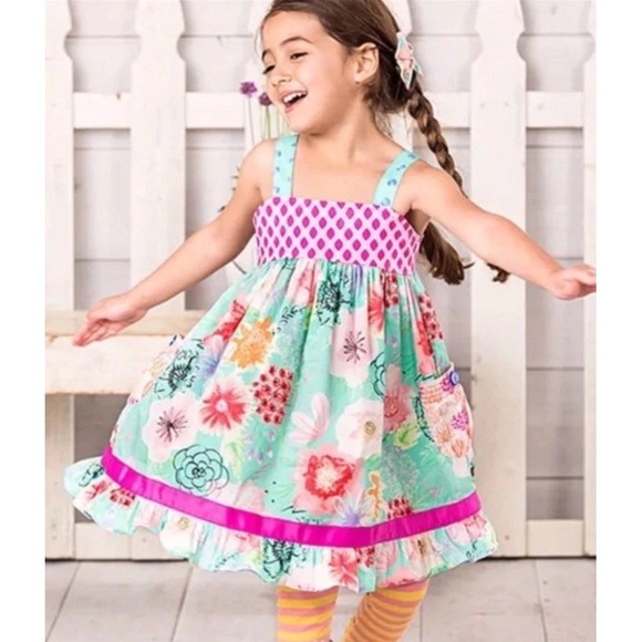 Matilda Jane Heads Up Seven Up Girls Dress 4 Floral Twirl Smocked Ruffle Summer - Picture 1 of 9